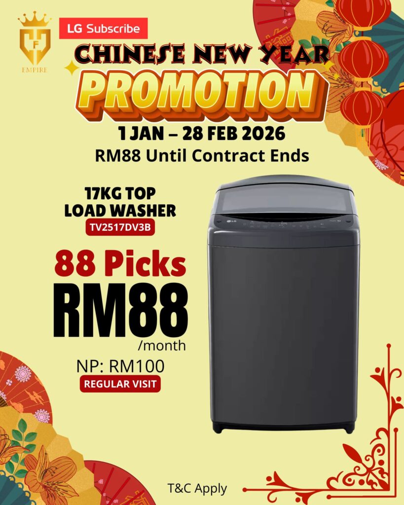 Promosi LG Subscribe CNY – 17kg Top Load Washer TV2517DV3B RM88 sebulan