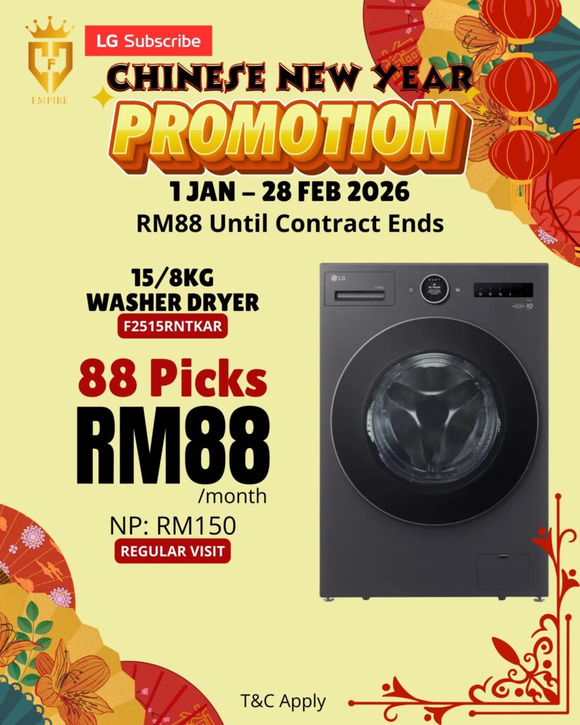 Promosi LG Subscribe CNY – 15/8kg Washer Dryer F2515RNTKAR RM88 sebulan